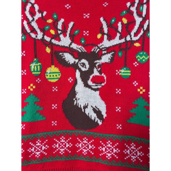 Reindeer Christmas Sweater – XS/S – Red Holiday Knit – Lights & Ornaments - Picture 2 of 5